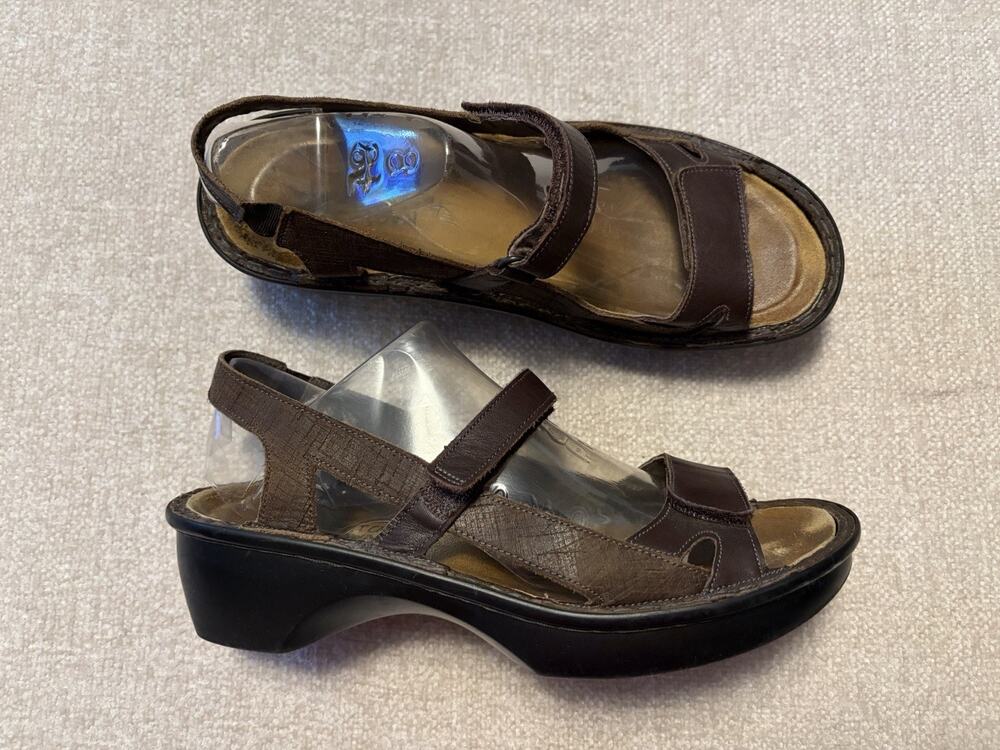 Naot Brown Leather Slingback Wedge Sandals Adjustable Straps Womens US 9 EU 40